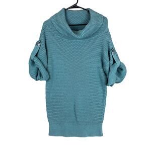 Ann Taylor Womens Sweater Green Cowl Neck Tunic Waffle Knit Roll Tab Oversized M